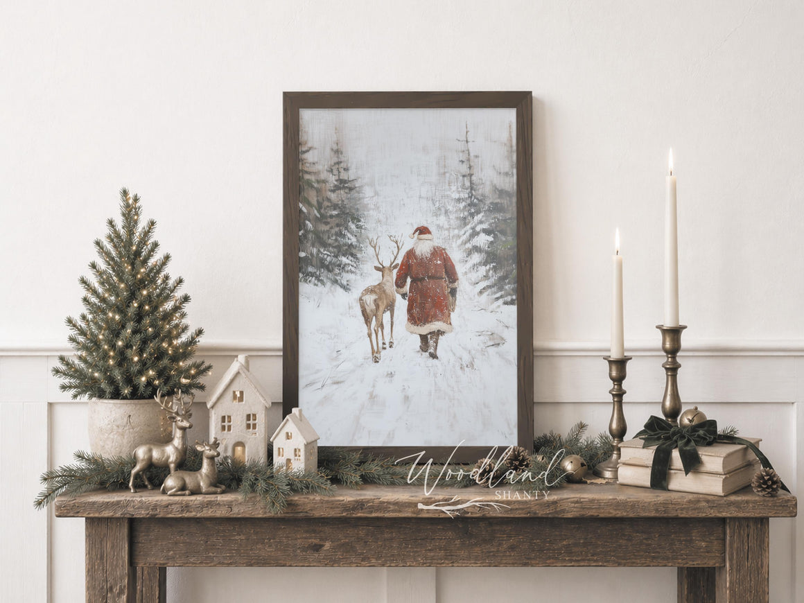 Rustic Santa and Reindeer Walking in Snow Framed Wall Art