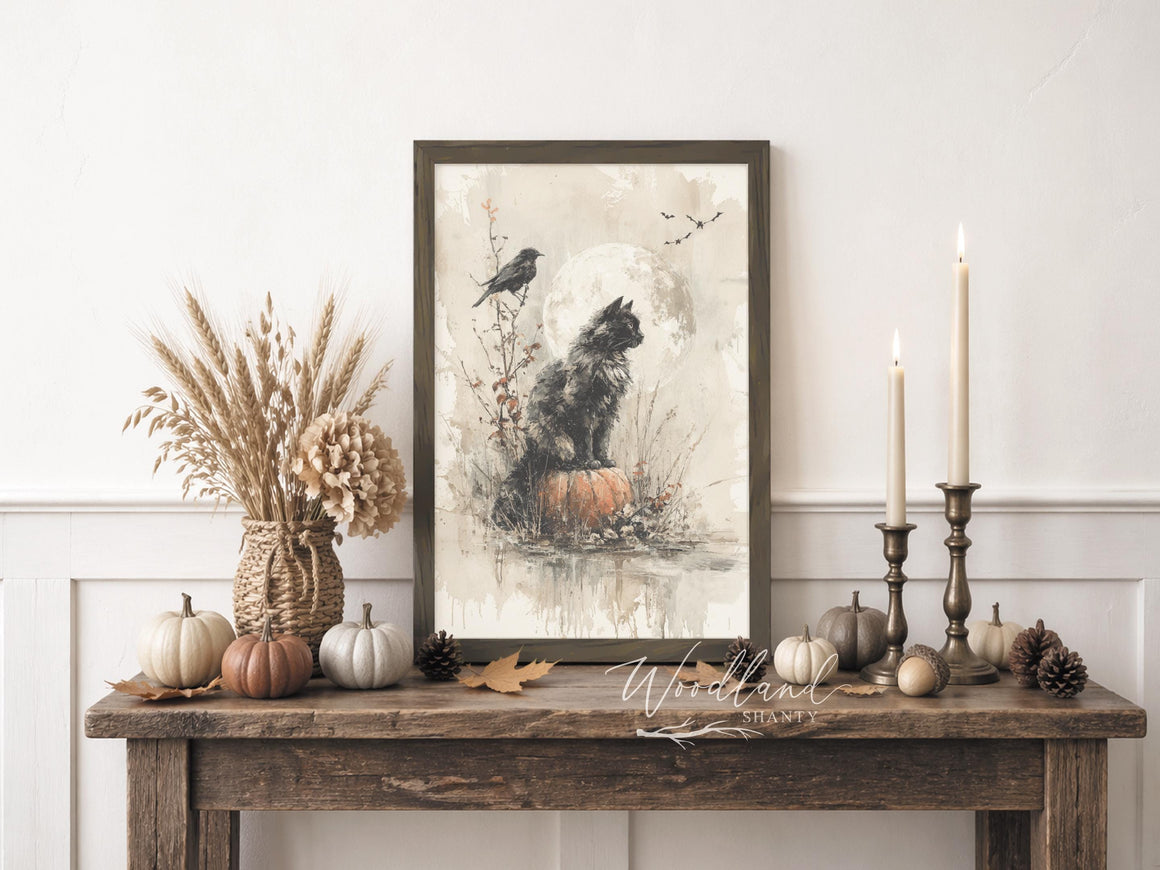 Framed Black Cat on Pumpkin Wall Decor Sign