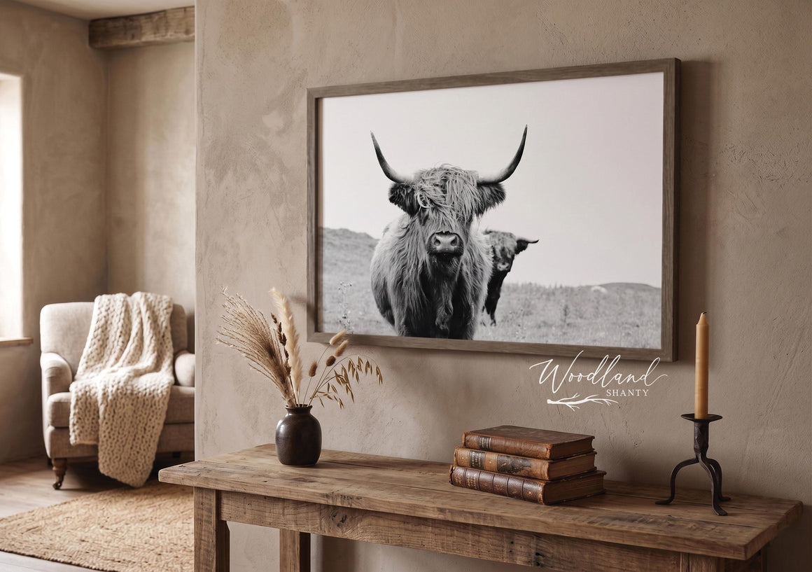 Framed Black and White Highland Cow Print
