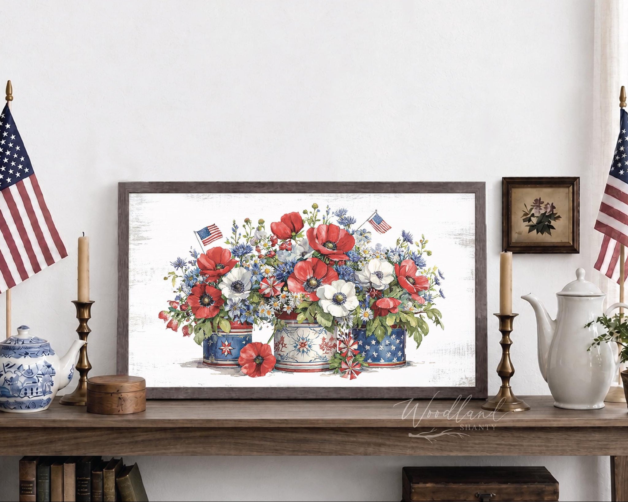 Framed Red White and Blue Florals Sign, Americana Framed Sign Decor