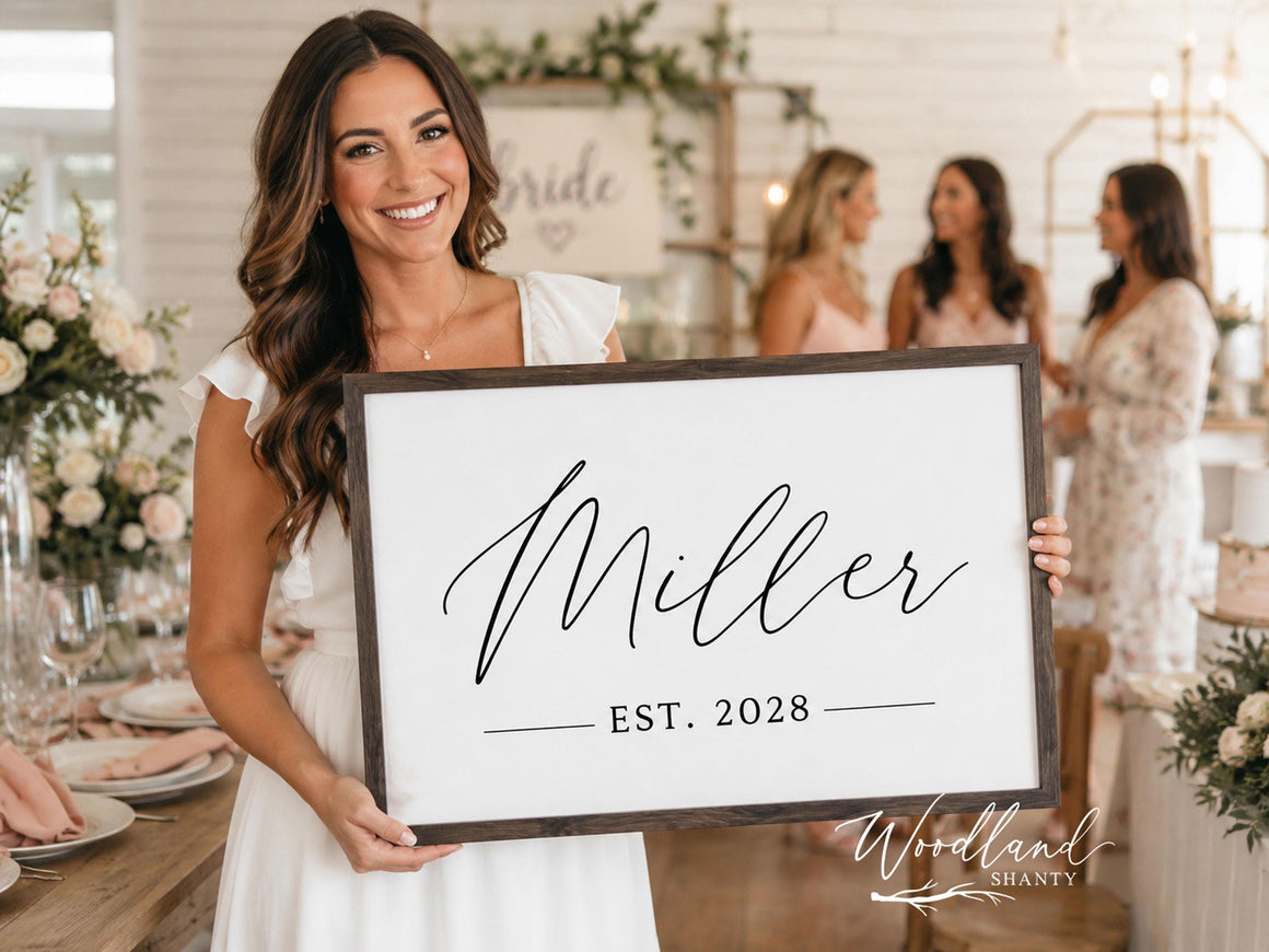 Personalized Bridal Shower Gift, Custom Last Name Established Year Framed Sign, Custom Wedding Gift