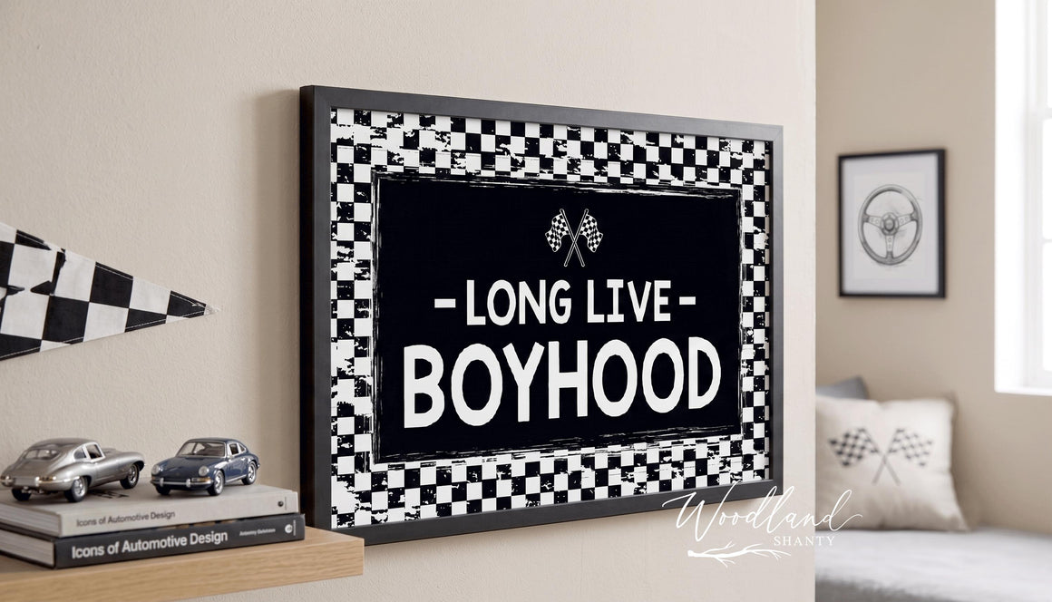Long Live Boyhood Framed Sign, Checkered Car Themed Boys Room Decor
