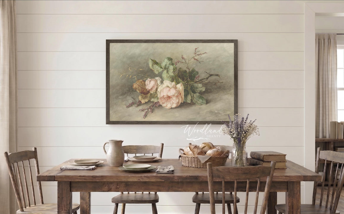 Framed Vintage Pink Rose Peony Stem Floral Wall Art Sign