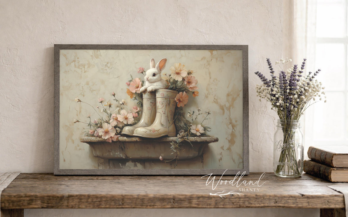 Framed Spring Bunny in Rain Boots Sign