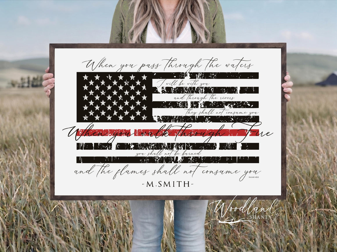 Firefighter Red Line Flag Sign | Firefighter Gift | Personalized Red Line Flag