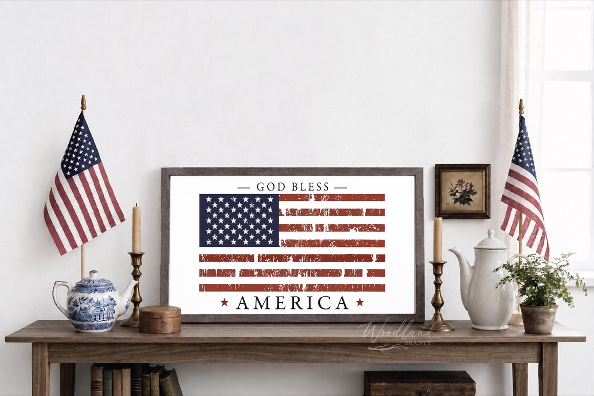 God Bless America American Flag Framed Sign, Americana Decor, USA Red White Blue Summer Wall Art Decor