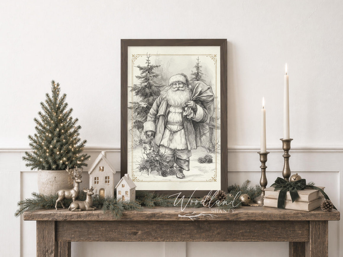 Framed Santa Wall Art, Nature Rustic Black and White Neutral Themed Christmas Decor