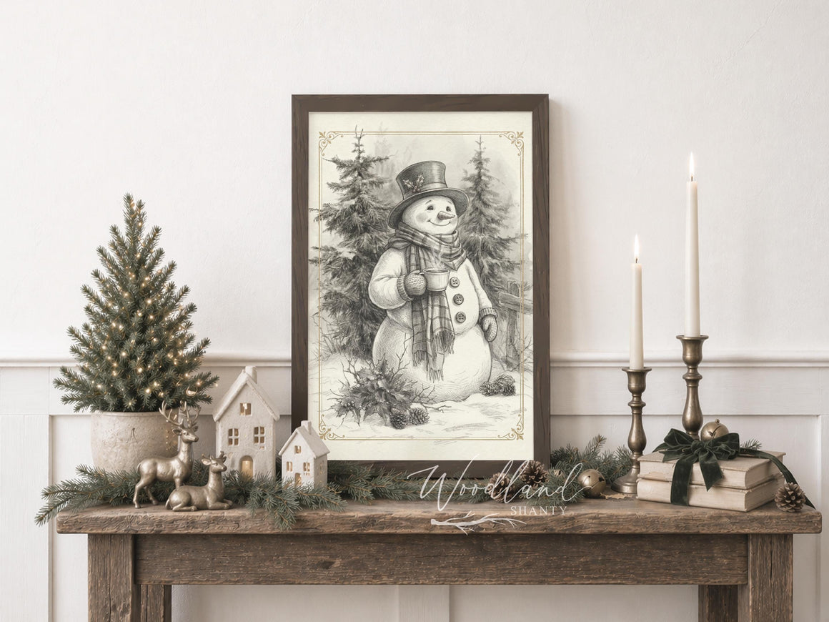 Framed Snowman Wall Art, Nature Rustic Black and White Neutral Themed Christmas Decor