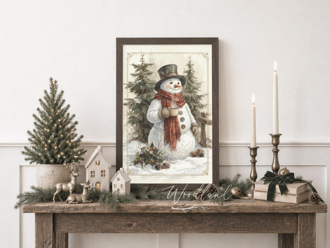 Framed Happy Snowman Wall Art, Nature Themed Christmas Decor