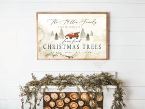 Farm Fresh Christmas Trees Truck Sign | Personalized Christmas Trees Sign with Red Vintage Truck