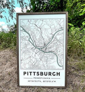 Pittsburgh City Map Wall Art, Town Road Map Sign, Road Map GPS Sign, Map of Pittsburgh, Pittsburgh Sign