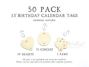50 Pack  1.5” Birthday Calendar Tags with S Hooks, Includes 35 circles, 10 hearts and 5 paw prints for dog cat, Birthday Calendar Tags