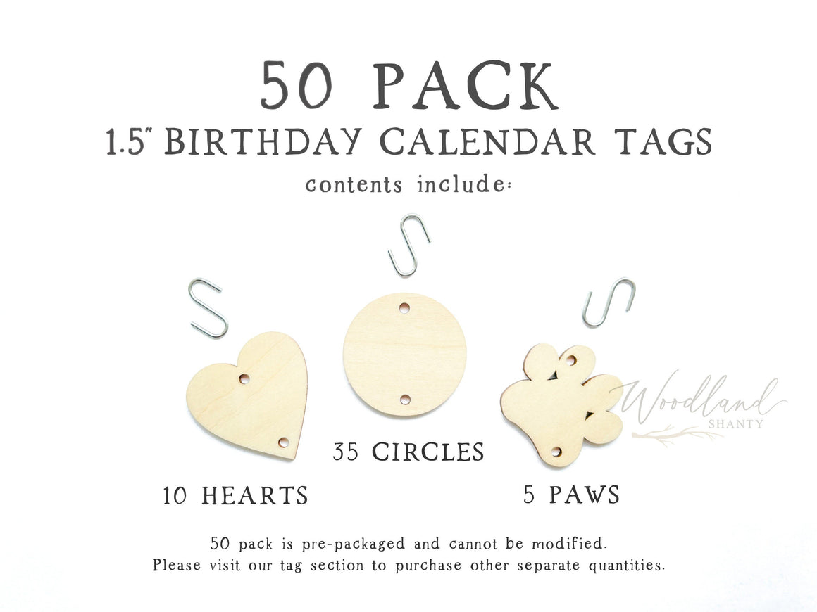 50 Pack  1.5” Birthday Calendar Tags with S Hooks, Includes 35 circles, 10 hearts and 5 paw prints for dog cat, Birthday Calendar Tags
