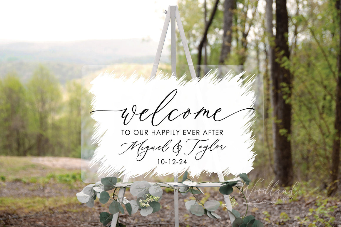 Welcome to our Happily Ever After Sign, Personalized Welcome Wedding Sign, Brushed Acrylic Wedding Sign, Wedding Decor, Modern Wedding Sign