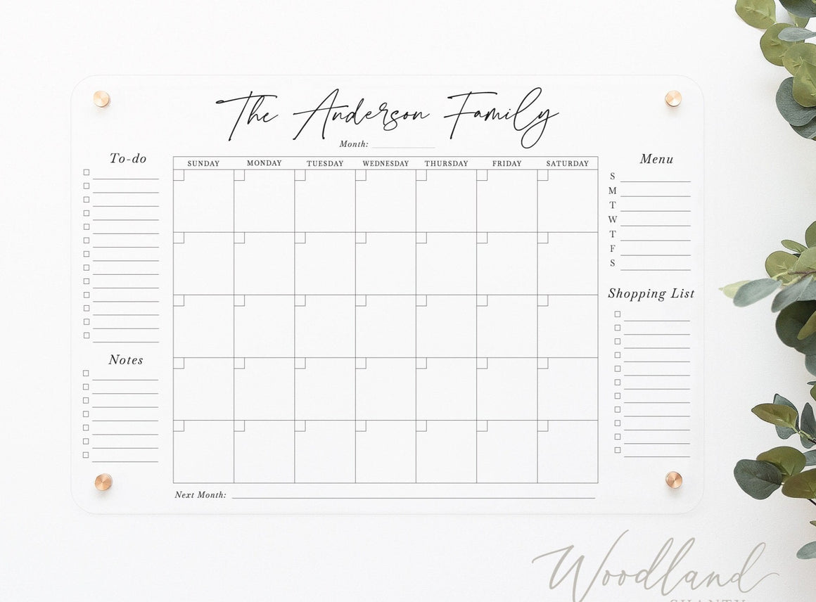 Acrylic Dry Erase Calendar with Personalization, To do, Menu, Notes and Shopping List