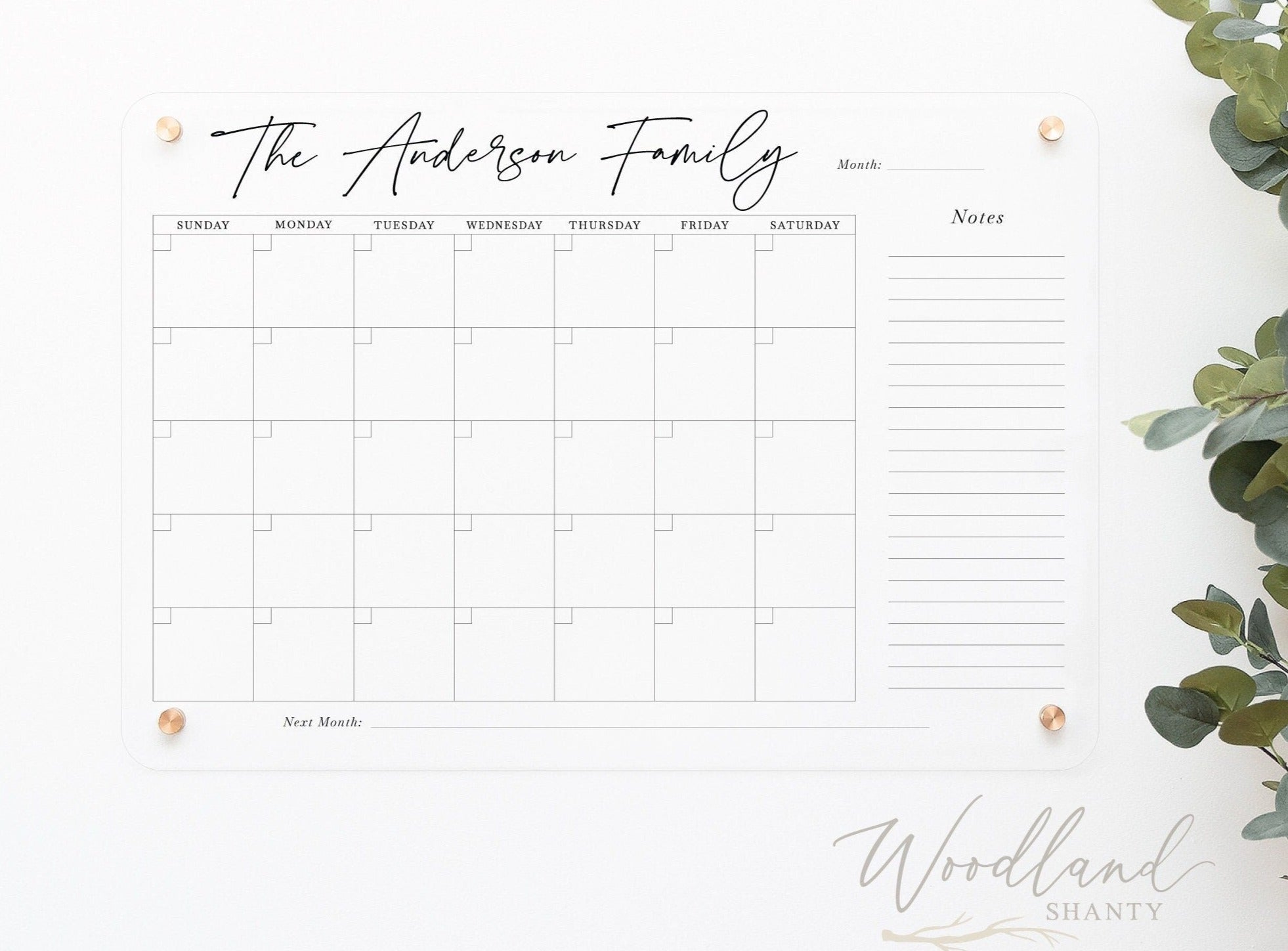 Acrylic Calendar Family Name with one month and one week - newest Dry Erase Calendar