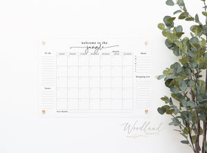 Welcome to the Jungle Monthly Acrylic Dry Erase Calendar, Dry Erase Calendar Month with Menu, Shopping List, To Do Notes, Family Planner