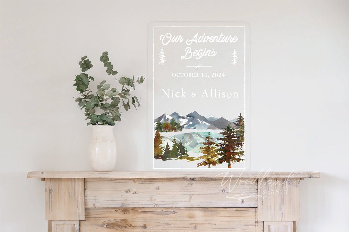 Acrylic Mountain Outdoors Themed Welcome Wedding Sign, Nature Outdoorsy Woods Forest Mountain Themed Wedding, Adventure Themed Wedding Sign