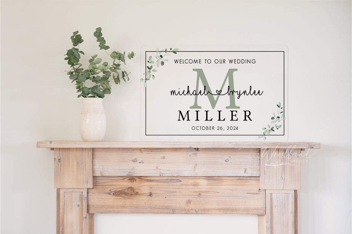 Acrylic Welcome to our Wedding Sign, Personalized Wedding Welcome Sign, Green Floral Wedding Welcome Sign