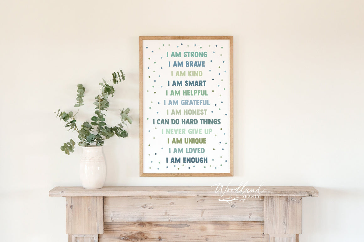 Affirmations Wall Art, Positive Thoughts Sign, Boy Affirmations Sign, Boy Bedroom Decor, I Am Strong, I Am Brave, Gift for Boy