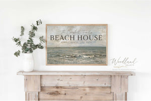 Framed Personalized Vintage Beach House Sign, Vintage Coastal Themed Decor, Vintage Ocean Summer Wall Art, Vintage Oil Paint Print Framed