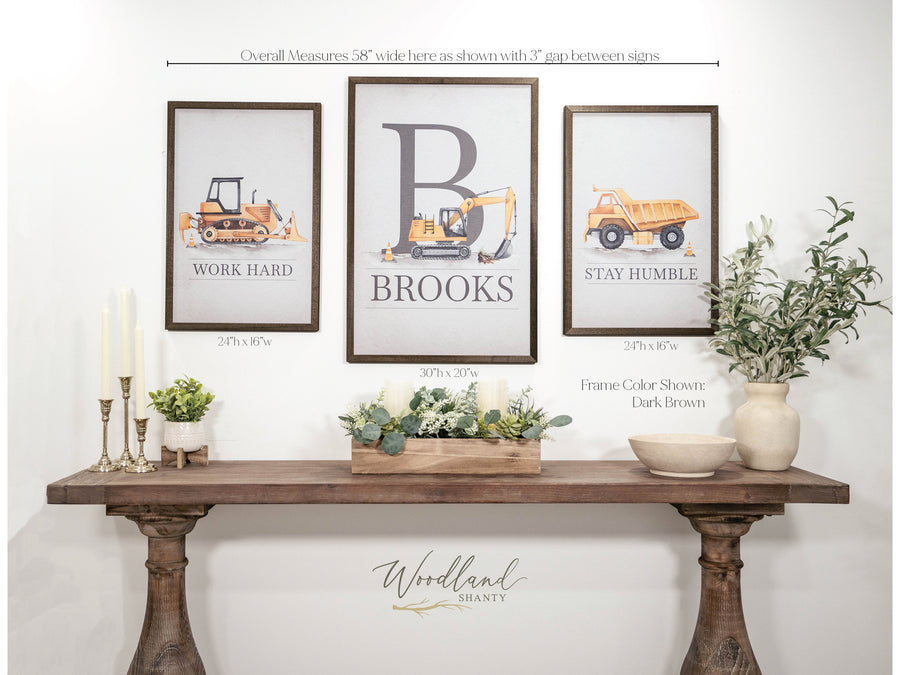 set of 3 framed construction signs for a boys room, personalized featuring a bulldozer, excavator and a dump truck