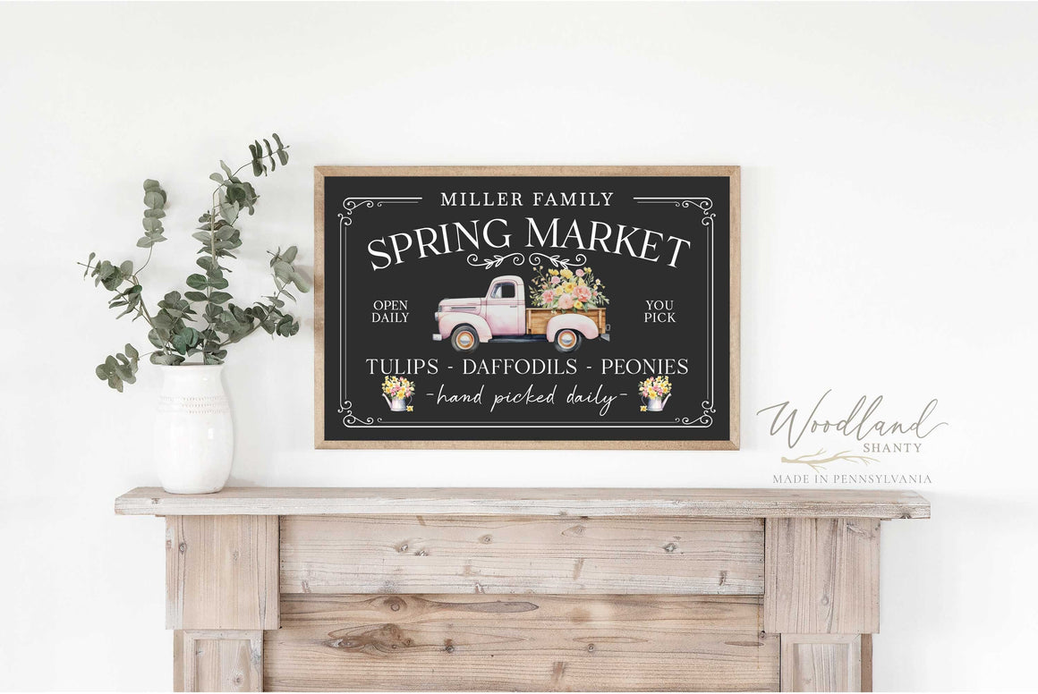 Personalized Spring Market Sign, Vintage Truck with Flowers Sign, Dark and Moody Spring Decor, Framed Spring Sign, Dark Spring Decor