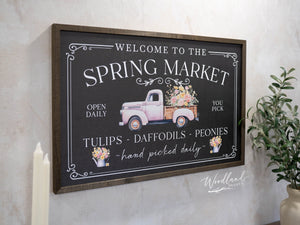 Welcome Spring Market Sign, Vintage Truck with Flowers Sign, Spring Decor, Dark and Moody Spring Decor, Dark and Moody Spring Wall Art