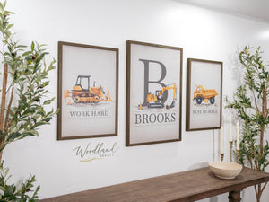set of 3 framed construction signs for a boys room, personalized featuring a bulldozer, excavator and a dump truck