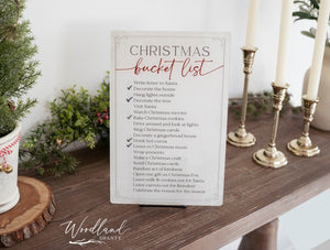 Dry erase sign that has a christmas bucket list checklist full of ideas of christmas activities, with boxes to check off using an included dry erase marker