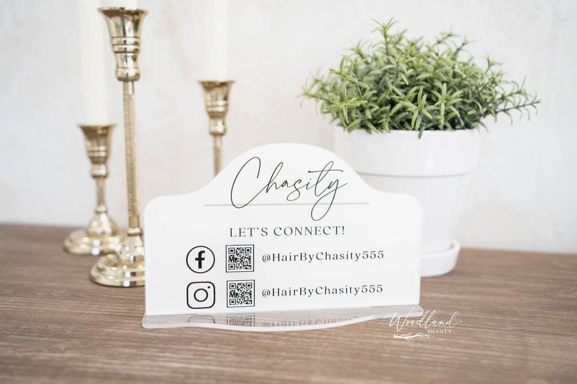 Personalized Desk Name Sign with Social Media QR Codes, Table Sign with Let's Connect and Follow, Checkout station sign